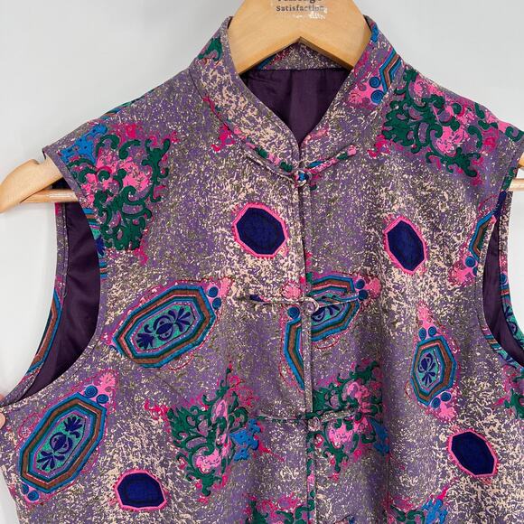 Women's Vintage Cheongsam Vest Purple Floral Frog Button Sleeveless Collared M/L - Picture 3 of 8